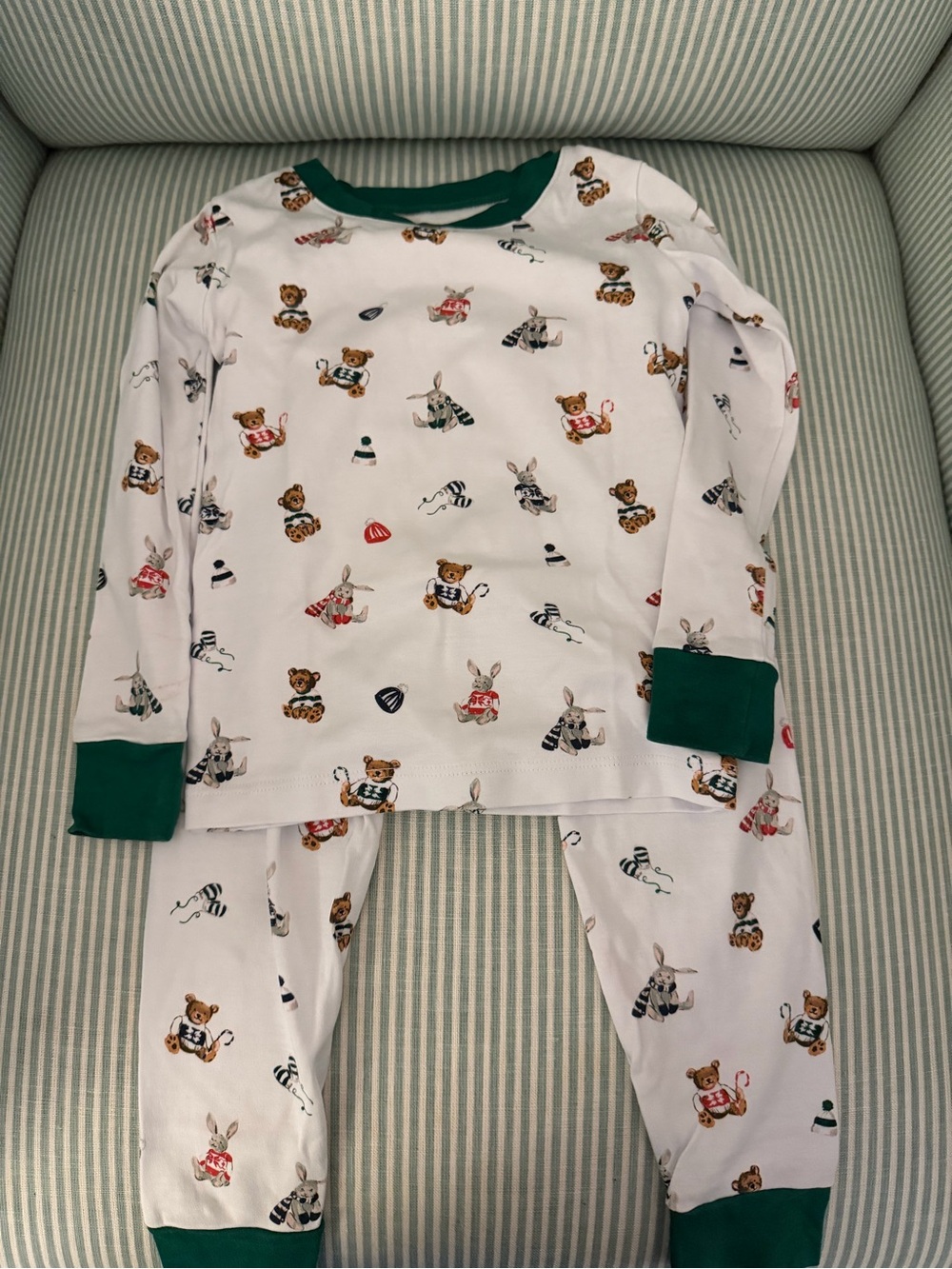Lake Bear & Bunny Print Christmas Holiday PJs with Dark Green Trim